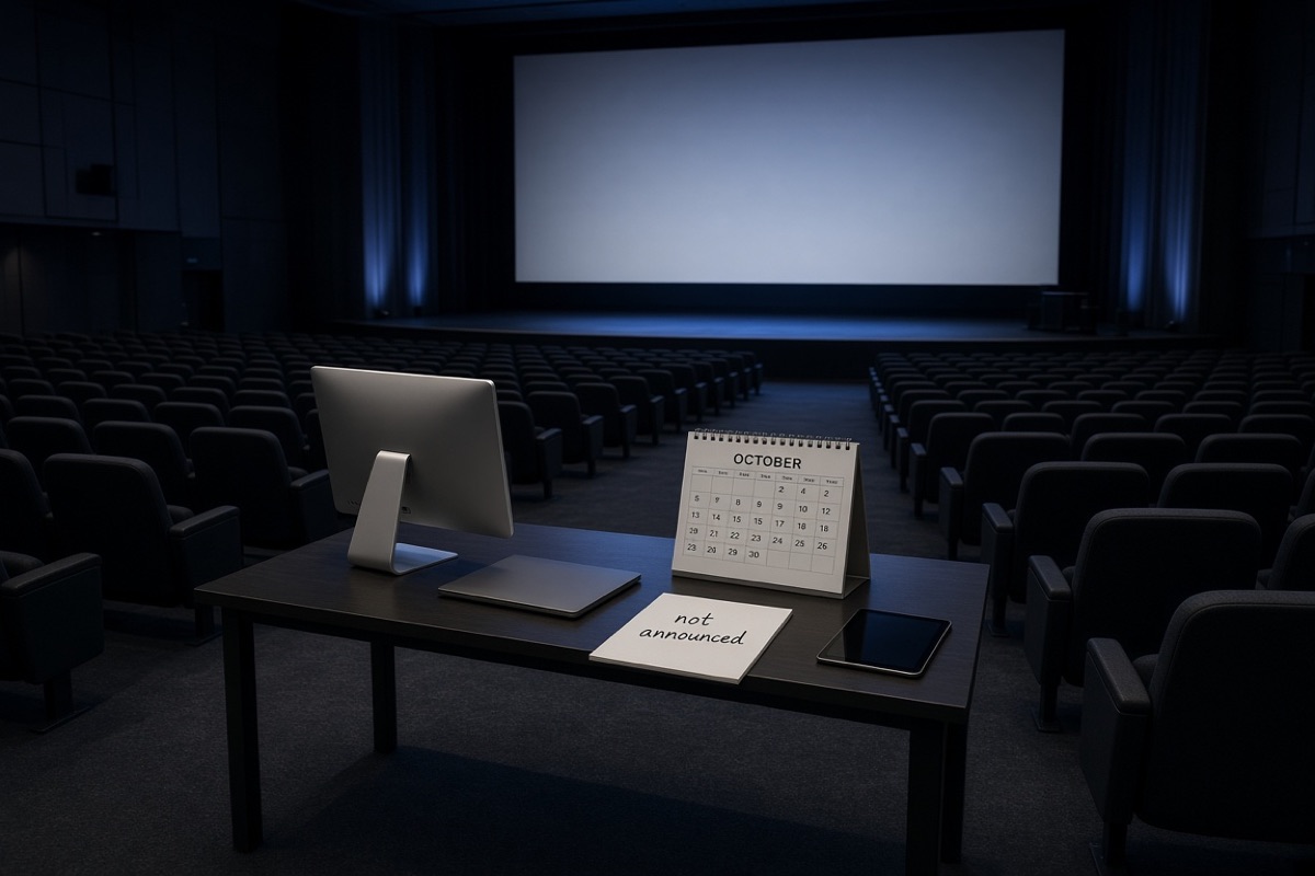 Empty auditorium facing a dark stage, table with a silver desktop, laptop and mini tablet, October calendar and a notepad reading not announced