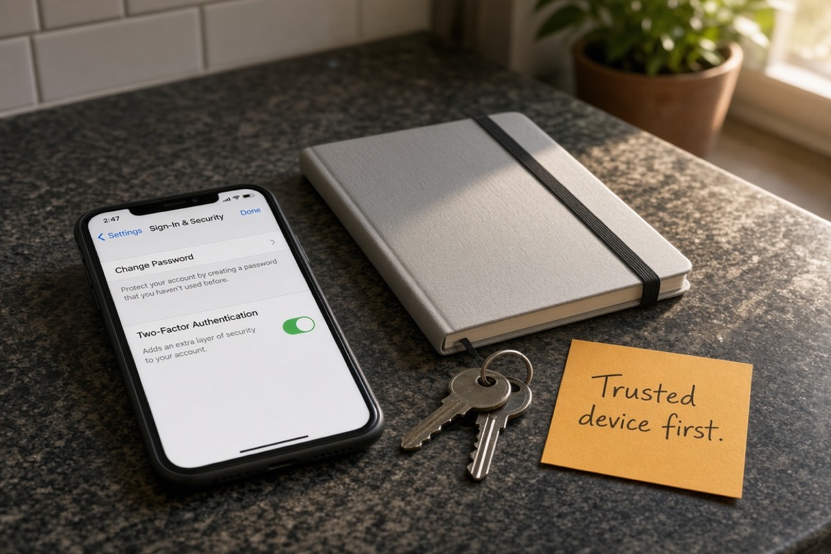Kitchen counter with an iPhone showing Sign-In & Security and Change Password, house keys, and an orange sticky note reading Trusted device first