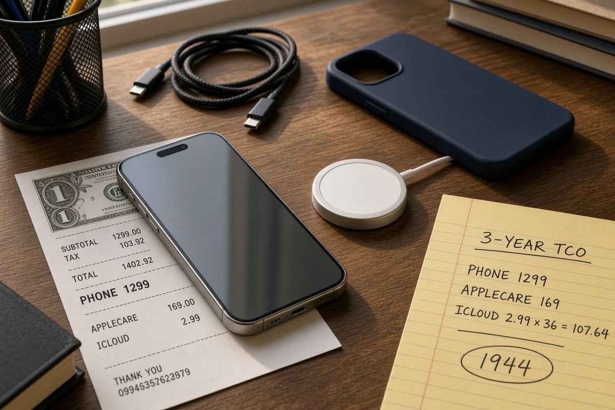 Silver phone on a US dollar receipt beside a magnetic charger, navy case, and a notepad marked 3-year TCO
