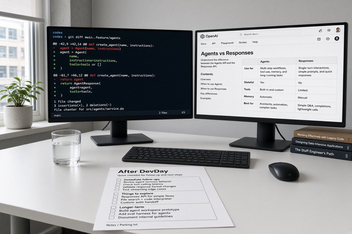Daylight standing desk with two monitors: Codex CLI git diff on the left, Agents vs Responses docs on the right, printed After DevDay checklist