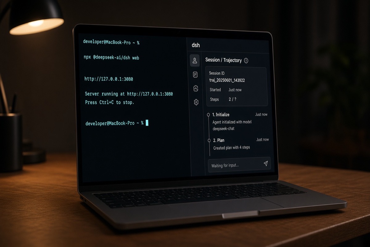 Night desk with a laptop; dark screen shows terminal command npx @deepseek-ai/dsh web and 127.0.0.1:3080 plus a dsh workbench