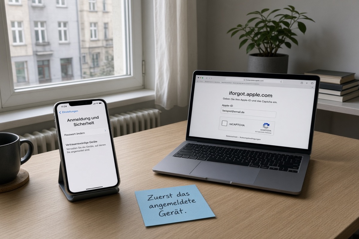 Berliner Schreibtisch am Fenster, iPhone zeigt Anmeldung und Sicherheit und Passwort ändern, Laptop mit iforgot.apple.com, blauer Zettel Zuerst das angemeldete Gerät