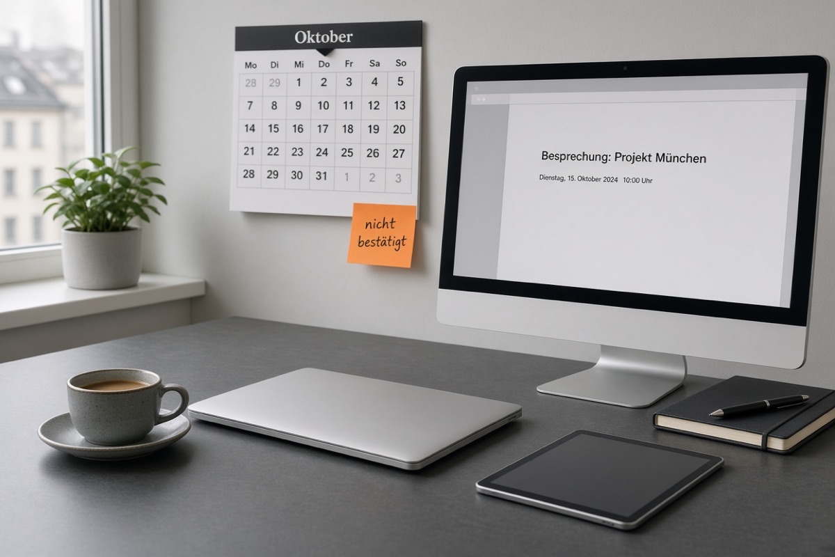 Münchner Schreibtisch mit Silber-All-in-One, geschlossenem Laptop, Mini-Tablet, Oktober-Kalender und Zettel nicht bestätigt
