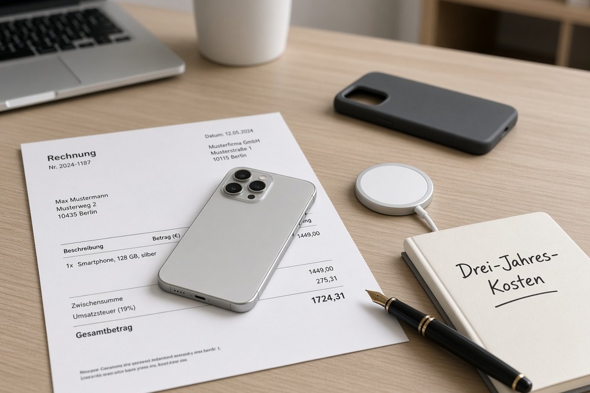 Silbernes Smartphone auf einer Euro-Rechnung, Magnetladegerät, Case und Notizbuch mit Drei-Jahres-Kosten