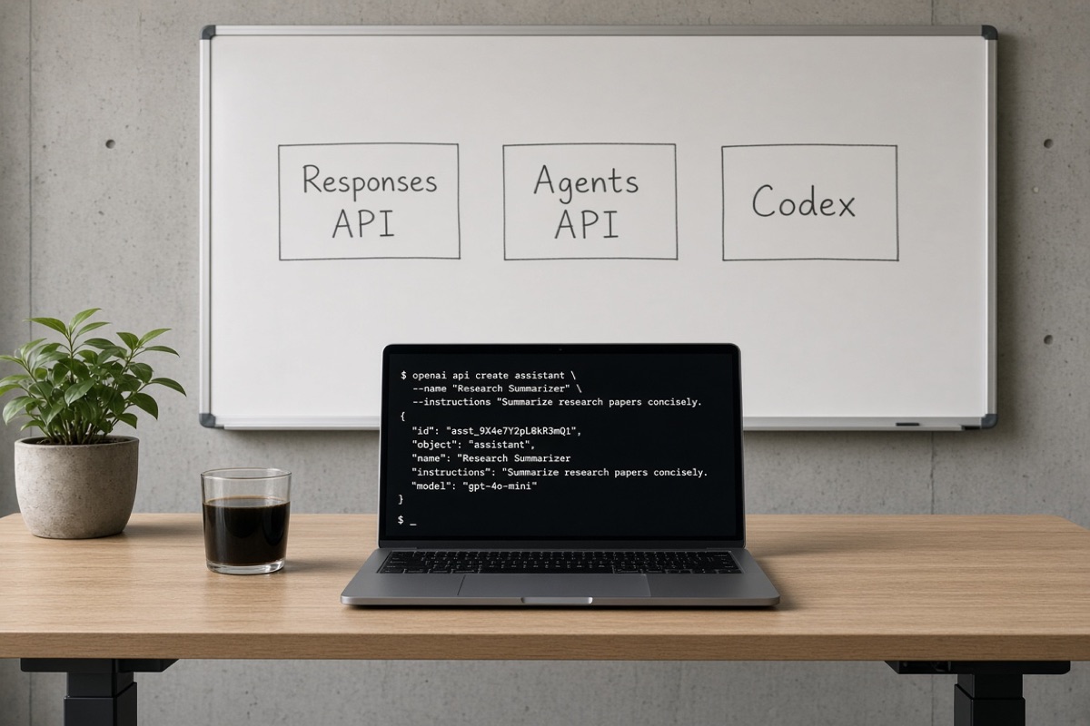 Berliner Studio: Whiteboard mit Responses API, Agents API, Codex; Laptop mit Terminal