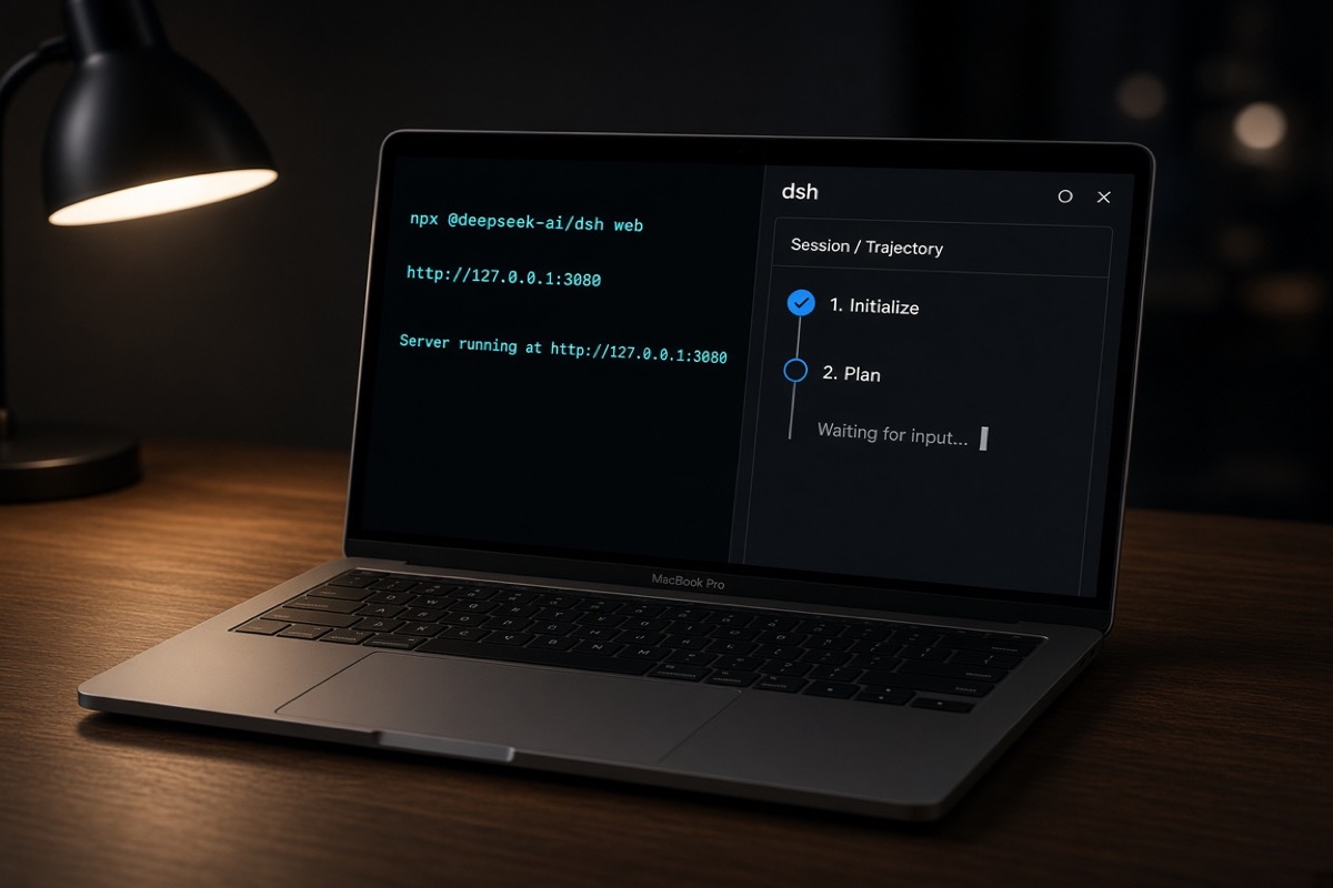 Nachttisch mit MacBook: links eine schwarze Lampe, Bildschirm geteilt in Terminal und dsh-Arbeitsfläche