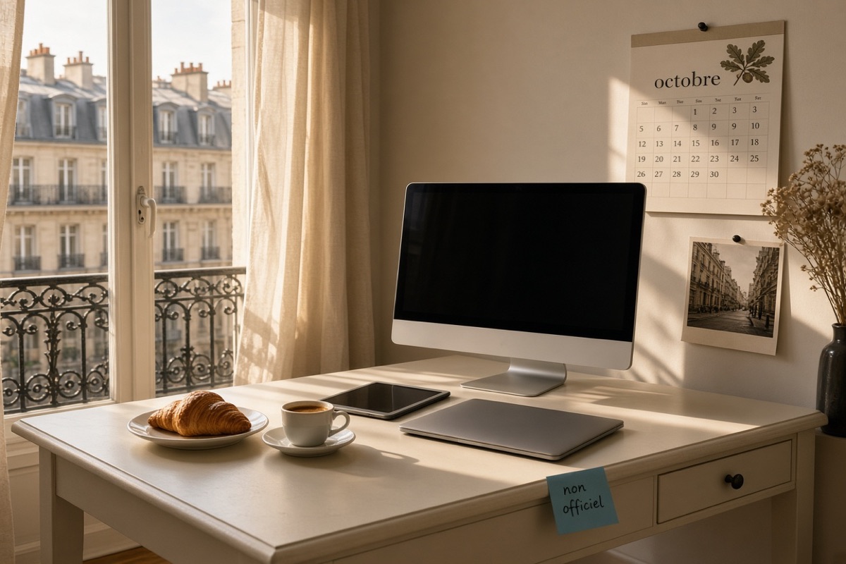 Bureau parisien avec iMac argenté, laptop fermé, mini tablette, calendrier octobre et post-it non officiel