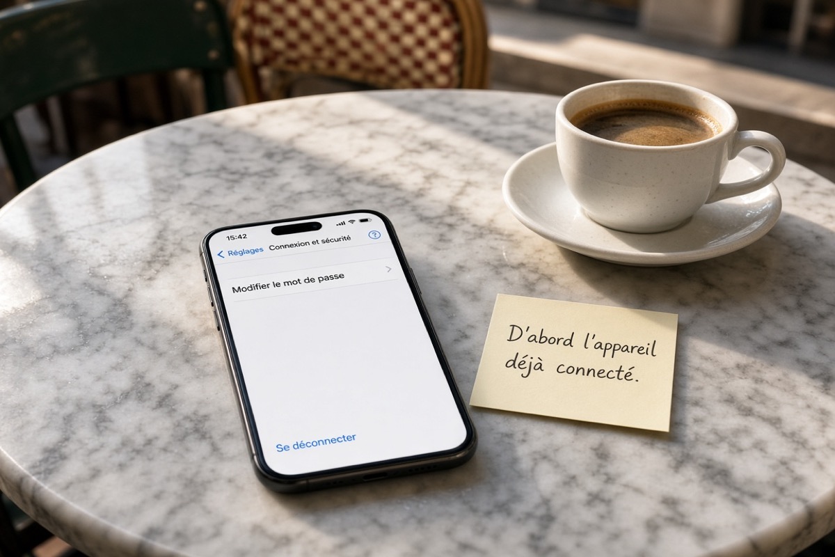Table de café en marbre, iPhone affiche Connexion et sécurité et Modifier le mot de passe, post-it D'abord l'appareil déjà connecté