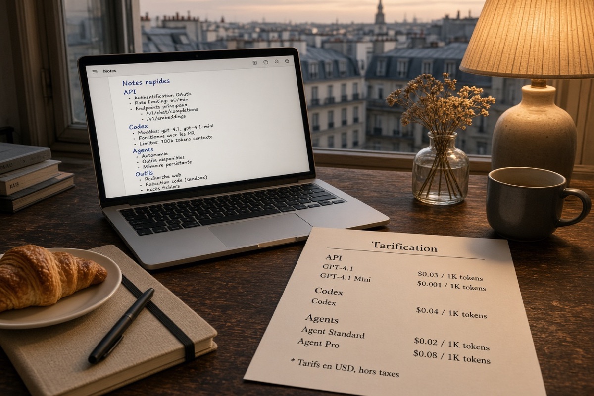 Bureau parisien le soir, ordinateur avec notes API Codex Agents Outils et une feuille de tarifs