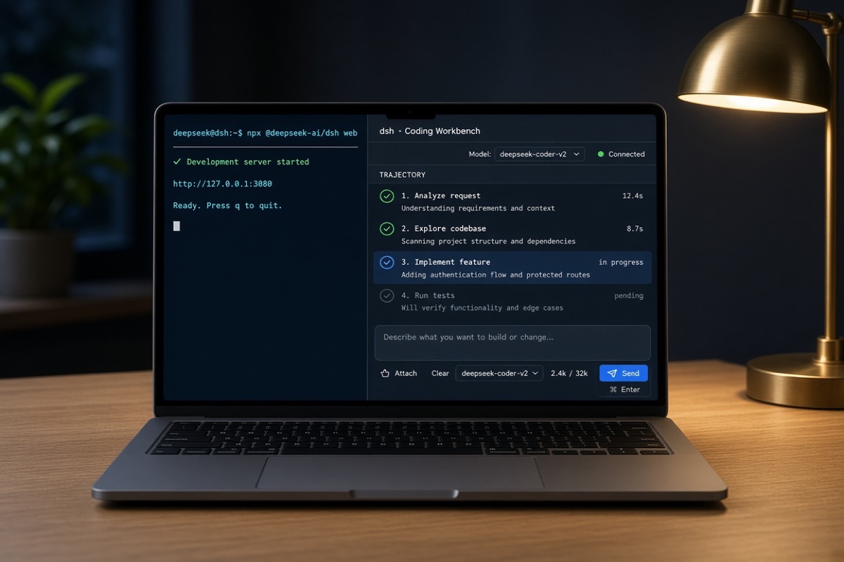 MacBook de face sur un bureau clair, lampe laiton à droite, terminal à gauche et banc dsh à droite