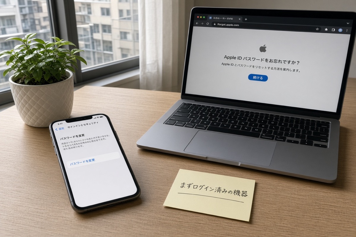 窓際の机に植物、iPhone にサインインとセキュリティとパスワードを変更、ノートPCに iforgot.apple.com、付箋はまずログイン済みの機器