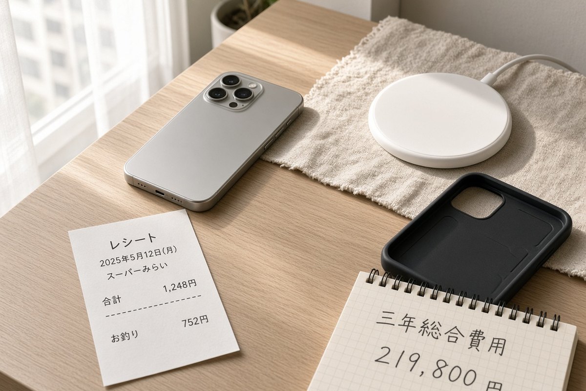 銀のスマートフォン、円建ての領収書、白のマグセーフ充電器、三年総合費用と書いたノート