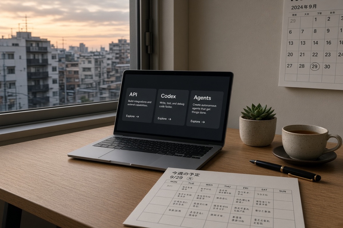 夕暮れの東京の机。MacBook画面にAPI、Codex、Agentsのカード。カレンダーは9/29