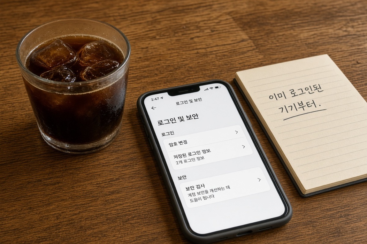 카페 나무 테이블 위 아이폰에 로그인 및 보안과 암호 변경, 노트에 이미 로그인된 기기부터, 아이스 아메리카노