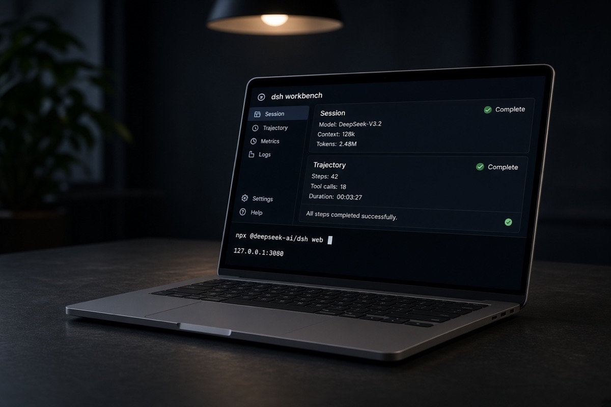 MacBook под потолочным светом на тёмном столе: сверху панель dsh workbench, снизу строки терминала