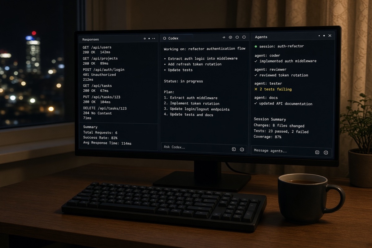 Ночной монитор с тремя терминалами Responses, Codex и Agents