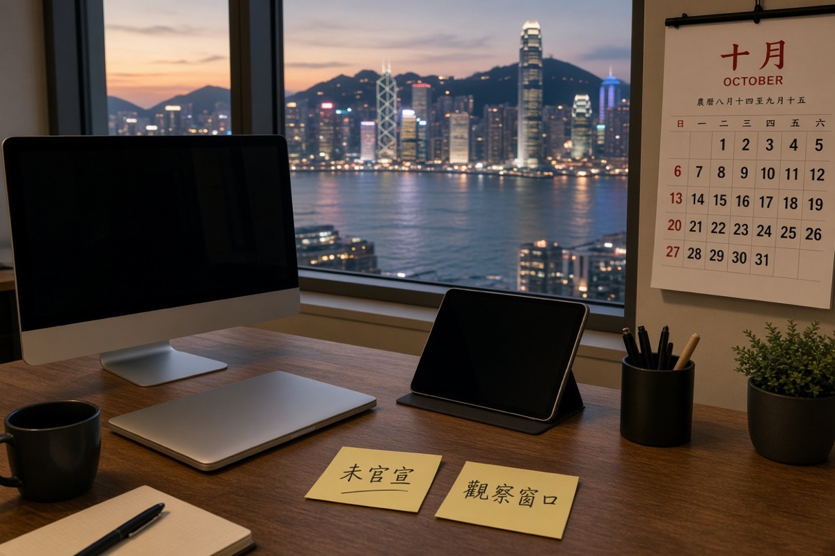 香港辦公室桌上銀色一體機、闔上的筆電與小平板，牆上日曆寫著十月，便利貼寫著未官宣與觀察窗口