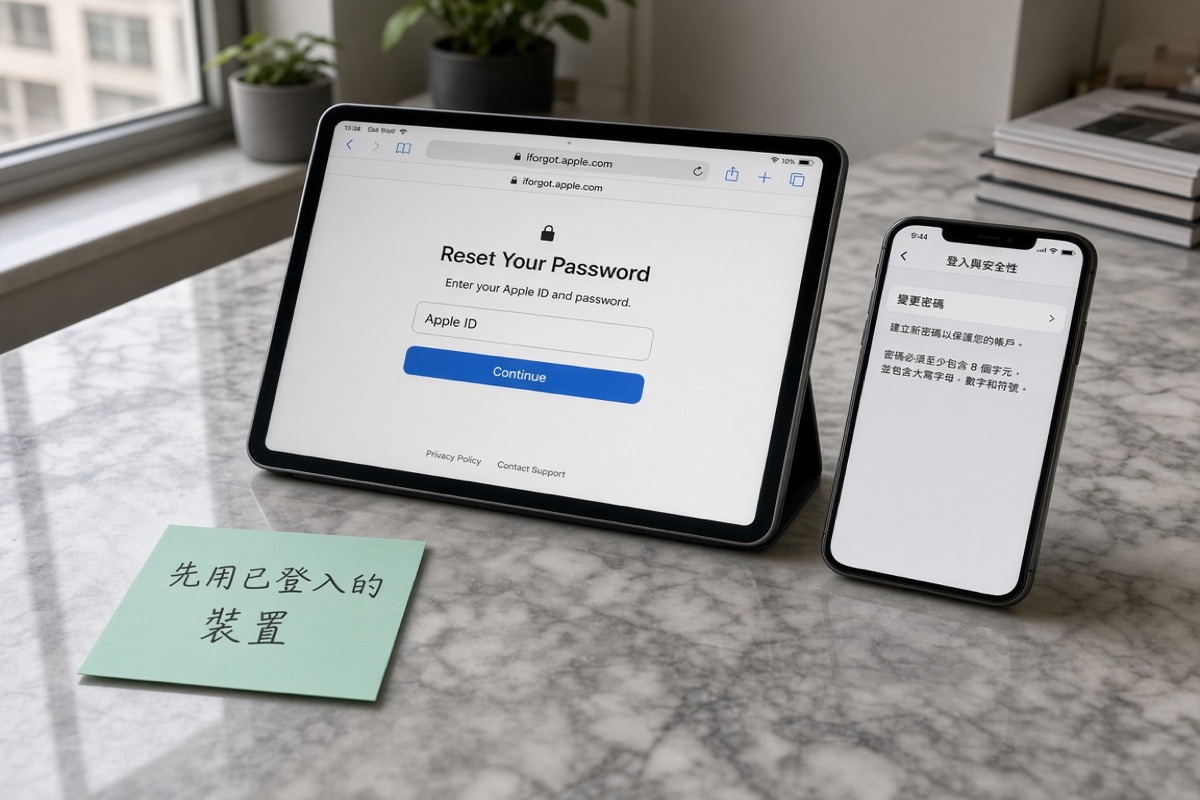 雲石桌上 iPad 打開 iforgot.apple.com，旁邊 iPhone 顯示登入與安全性和變更密碼，薄荷便利貼寫著先用已登錄的裝置