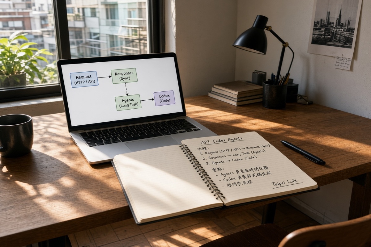 台北閣樓書桌上的筆電與繁中筆記本，螢幕顯示 API、Codex、Agents 流程