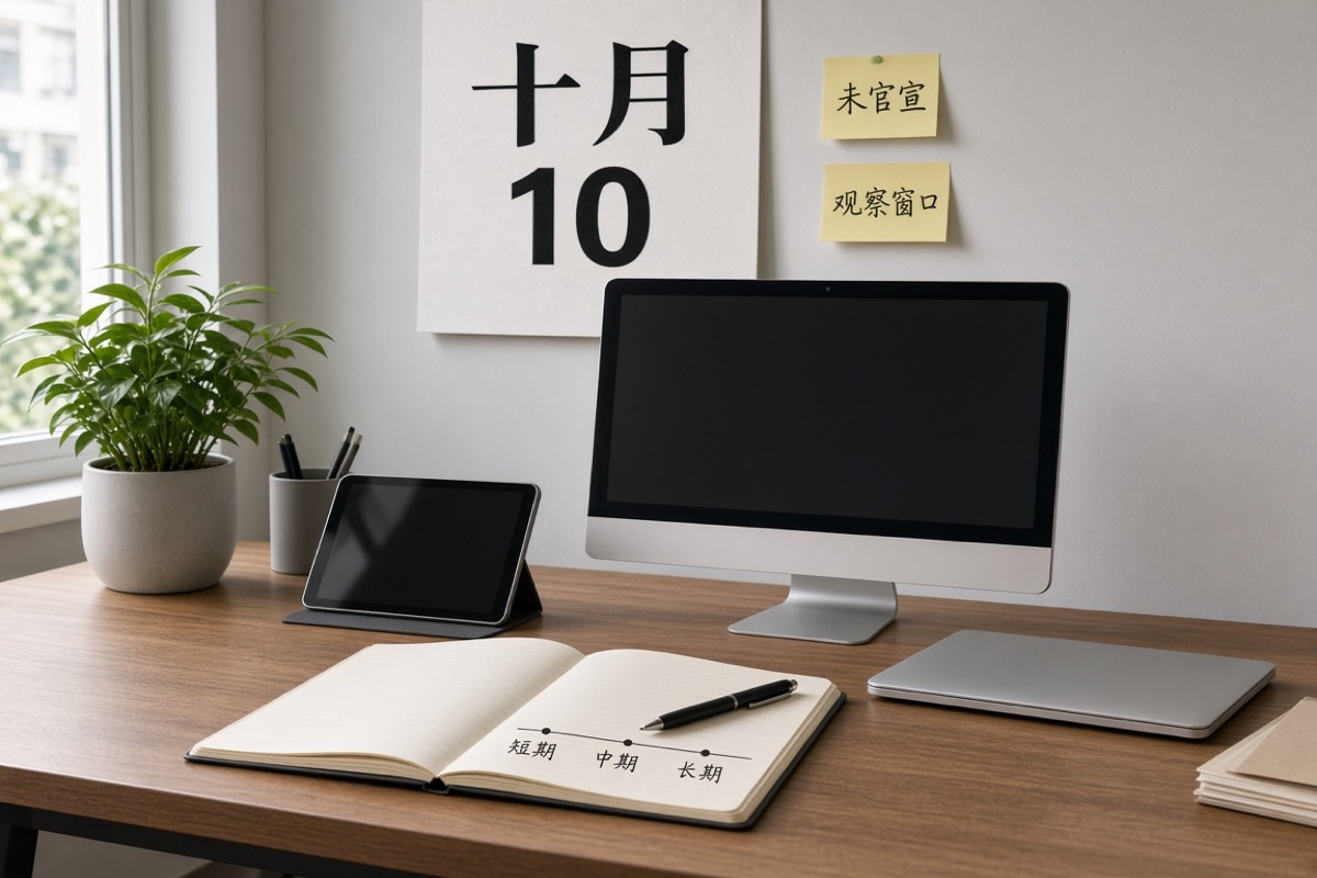 浅色木桌上银色一体机、合上的笔记本和小平板，墙上日历写着十月，便签写着未官宣和观察窗口