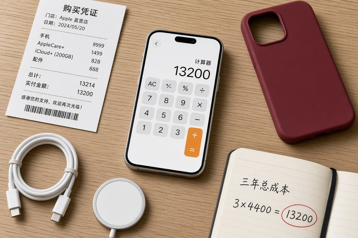 浅色木桌上一部银色手机、中文收据、白色磁吸充电器和写着三年总成本的笔记本