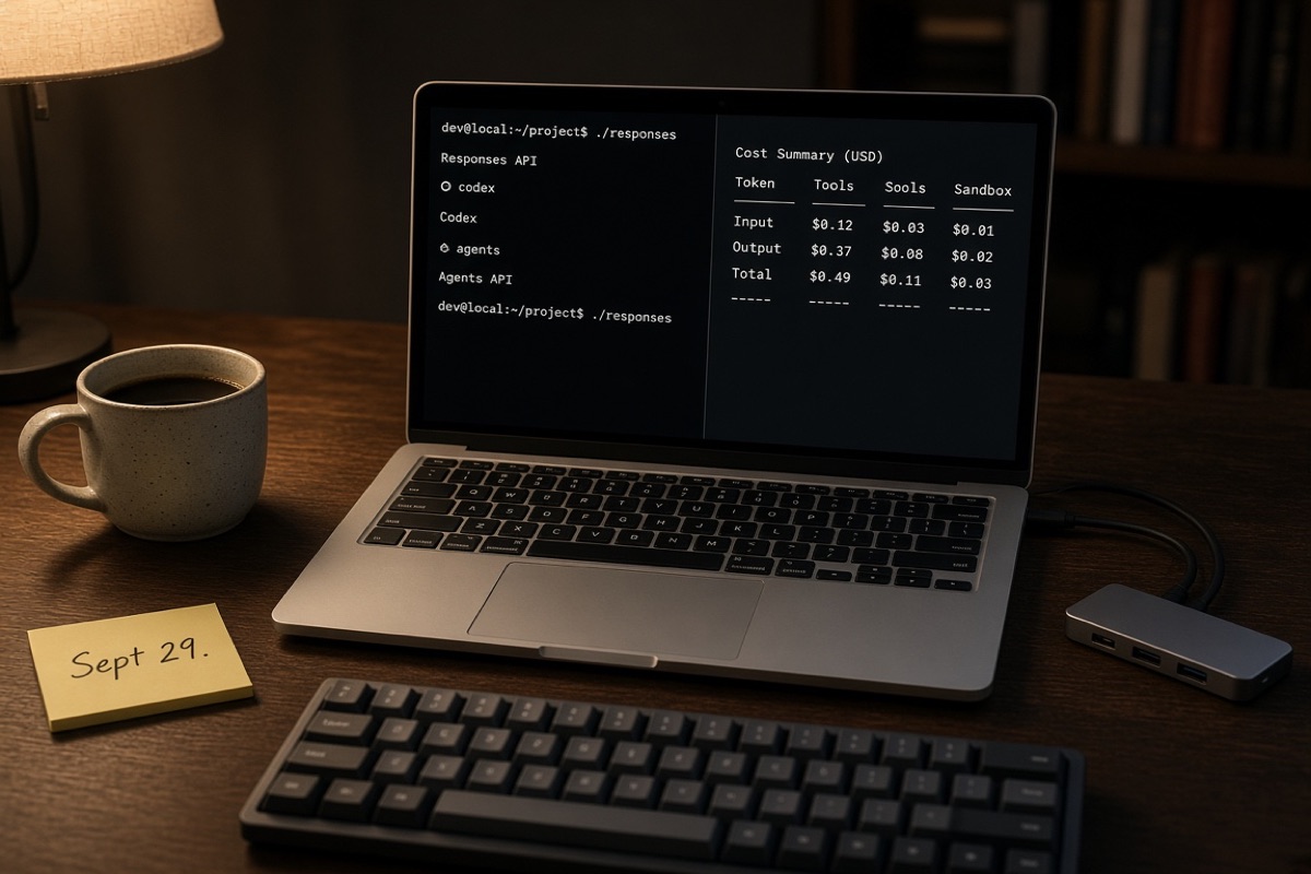 夜间书桌上的笔记本屏幕显示 Responses API、Codex、Agents API 和 Token Tools Sandbox 成本表，便签写着 Sept 29